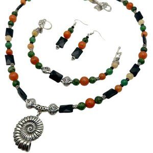 Handmade Jewelry Set - Metal Nautilus -Onyx, Sesame Jasper, Carnelian Multi Jade